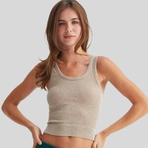 Plain Round Neck Ribbed Stone Washed Tank Tops - Color Light Mocha